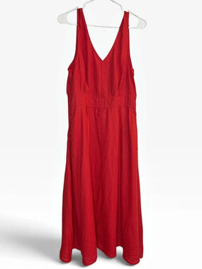 Nicole Miller Red 100% Linen Sleeveless Midi Festival Dress Size 14 Resortwear